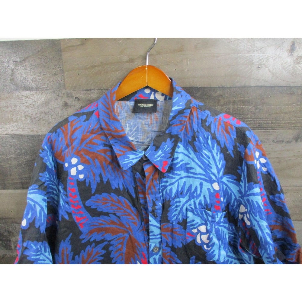 Rachel Comey Shirt Mens XL Blue Brown Palm Print Linen Button Up Made USA Pocket